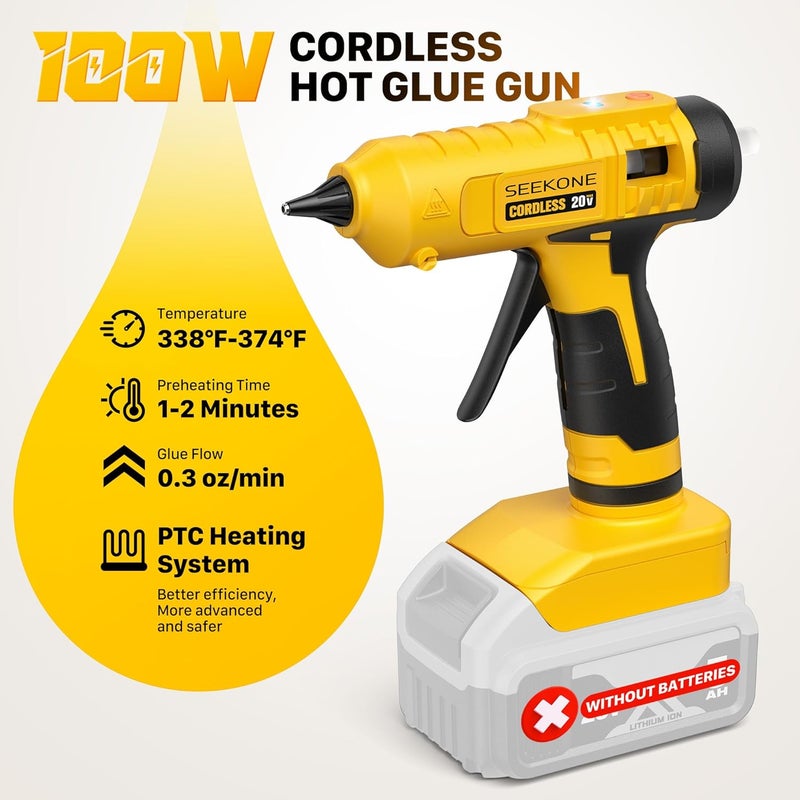 SEEKONE Hot Glue Gun, 100W Cordless Hot Glue Gun for Dewalt 20V Battery, Fast Preheating and Anti-drip Full Size Glue Gun with 20pcs Glue Sticks for Crafts, DIY Arts, Home Repairs (No Battery) - Image 2